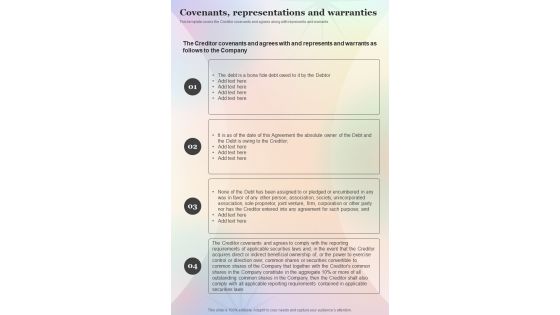 Informal Debt Covenants Representations And Warranties One Pager Sample Example Document