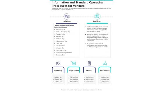Information And Standard Operating Procedures For Vendors One Pager Sample Example Document