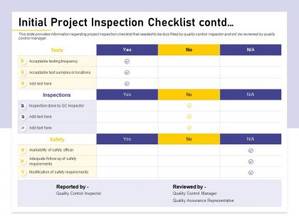 Initial project inspection checklist contd inspector ppt powerpoint presentation show influencers