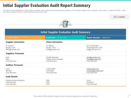 Initial supplier evaluation audit report summary