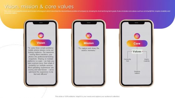 Instagram Company Profile Vision Mission And Core Values Ppt Styles Infographic Template