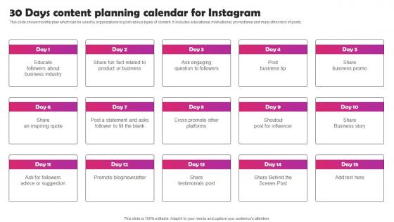 Instagram Marketing To Build Audience 30 Days Content Planning Calendar For Instagram MKT SS V