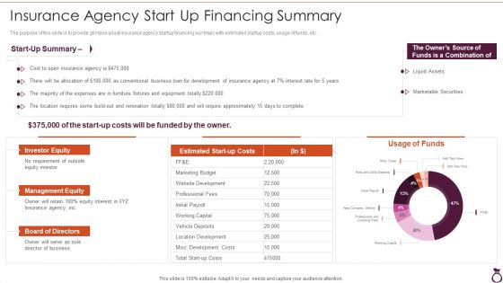 Insurance Agency Start Up Financing Summary Financial Services Consultancy