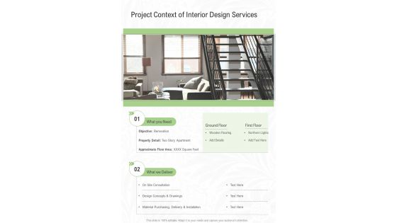 Interior Design Services Of Project Context One Pager Sample Example Document