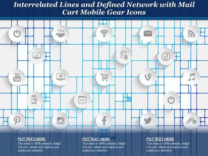 Interrelated lines and defined network with mail cart mobile gear icons