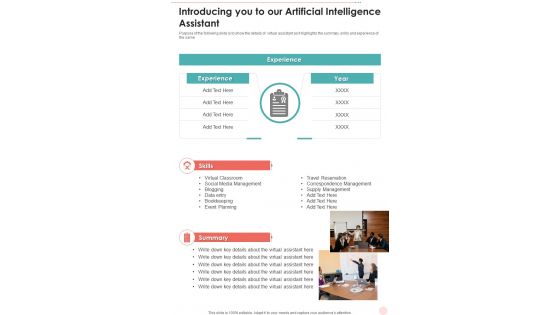 Introducing You To Our Artificial Intelligence Assistant One Pager Sample Example Document