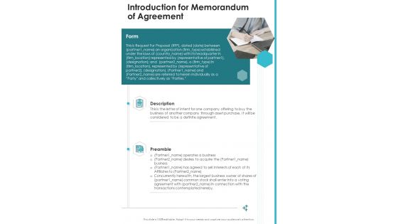 Introduction For Memorandum Of Agreement One Pager Sample Example Document