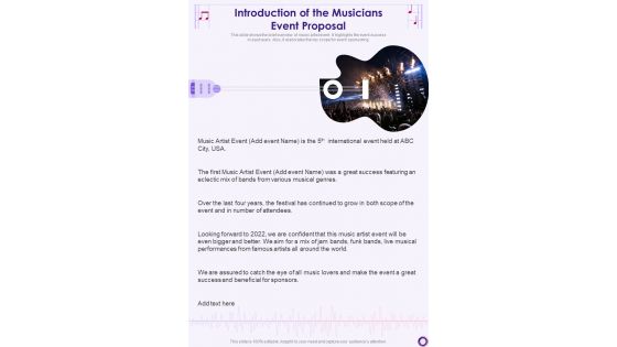 Introduction Of The Musicians Event Proposal One Pager Sample Example Document