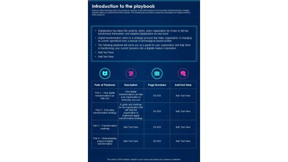 Introduction To The Playbook Digital Playbook One Pager Sample Example Document