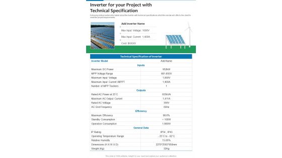 Inverter For Your Project Sales Proposal For Solar Energy One Pager Sample Example Document