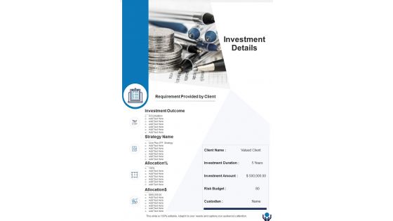 Investment Details Investment Advice Proposal One Pager Sample Example Document