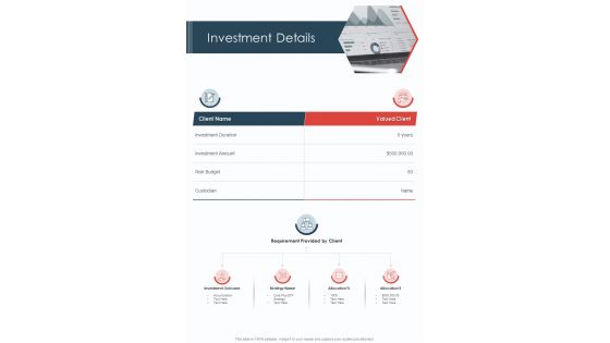 Investment Details Investment Advisory One Pager Sample Example Document