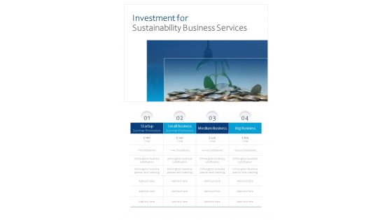 Investment For Sustainability Business Services One Pager Sample Example Document