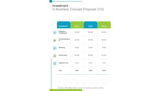 Investment In Business Concept Proposal One Pager Sample Example Document
