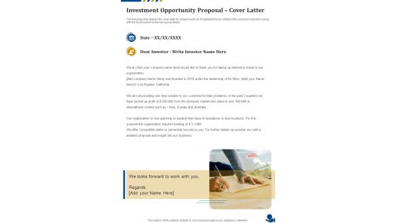 Investment Opportunity Proposal Cover Latter One Pager Sample Example Document