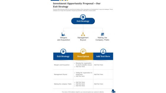 Investment Opportunity Proposal Our Exit Strategy One Pager Sample Example Document