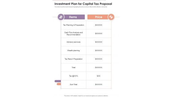 Investment Plan For Capital Tax Proposal One Pager Sample Example Document