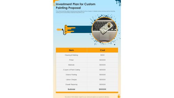 Investment Plan For Custom Painting Proposal One Pager Sample Example Document
