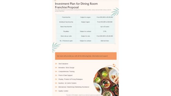 Investment Plan For Dining Room Franchise Proposal One Pager Sample Example Document