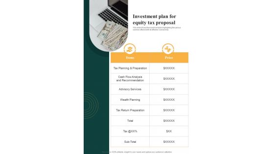 Investment Plan For Equity Tax Proposal One Pager Sample Example Document