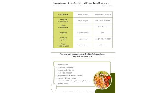 Investment Plan For Hotel Franchise Proposal One Pager Sample Example Document
