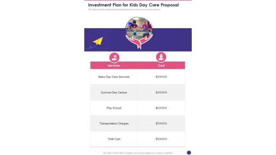 Investment Plan For Kids Day Care Proposal One Pager Sample Example Document
