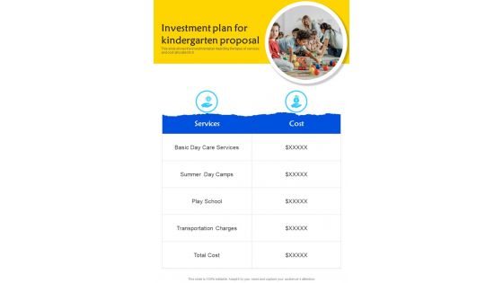 Investment Plan For Kindergarten Proposal One Pager Sample Example Document