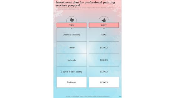 Investment Plan For Professional Painting Services Proposal One Pager Sample Example Document