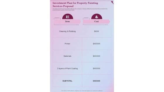 Investment Plan For Property Painting Services Proposal One Pager Sample Example Document