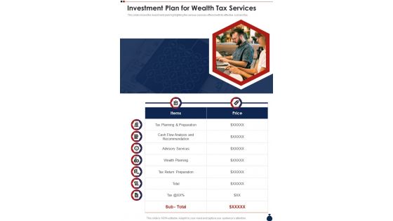Investment Plan For Wealth Tax Services One Pager Sample Example Document
