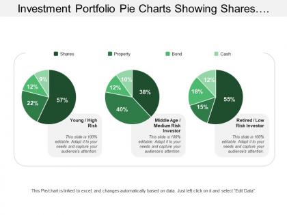 Investment portfolio pie charts showing shares property bond cash risk investor