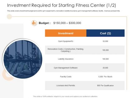 Investment required for starting fitness center cost health and fitness clubs industry ppt diagrams