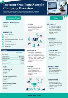 Investor one page sample company overview presentation report infographic ppt pdf document