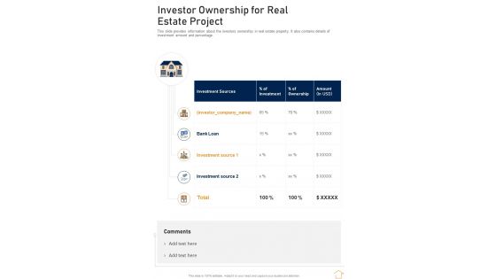 Investor Ownership For Real Estate Project One Pager Sample Example Document