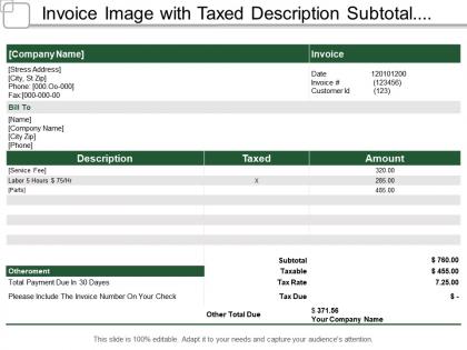Invoice image with taxed description subtotal and amount