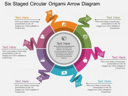 Io six staged circular origami arrow diagram flat powerpoint design