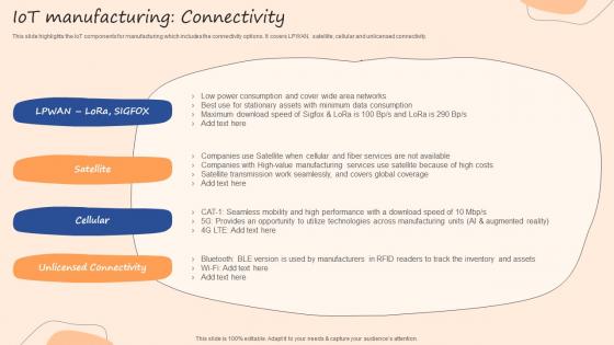 IOT Manufacturing Connectivity IOT Use Cases In Manufacturing Ppt Icons