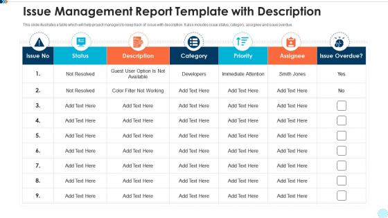 Issue management report template with description