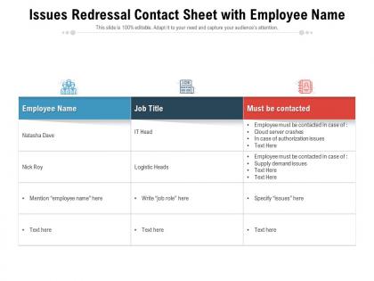 Issues redressal contact sheet with employee name