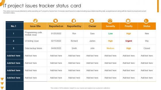 IT Project Issues Tracker Status Card