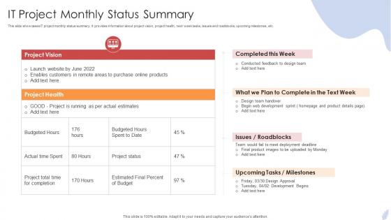 IT Project Monthly Status Summary