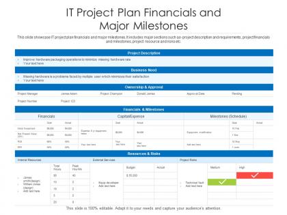 It project plan financials and major milestones