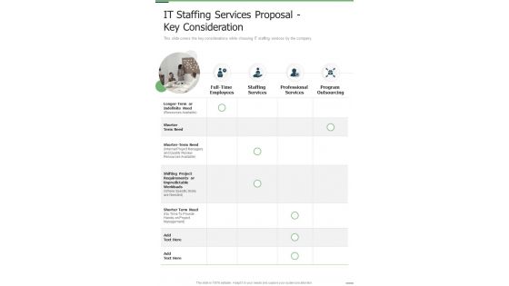 IT Staffing Services Proposal Key Consideration One Pager Sample Example Document