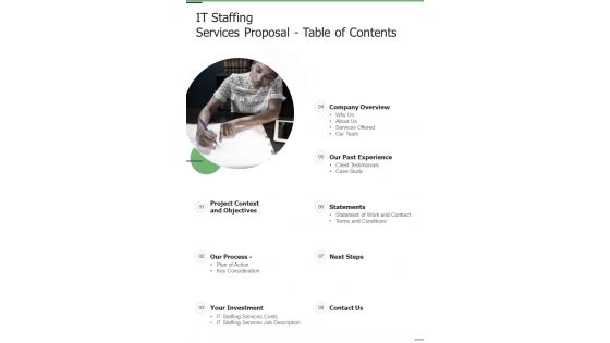 IT Staffing Services Proposal Table Of Contents One Pager Sample Example Document