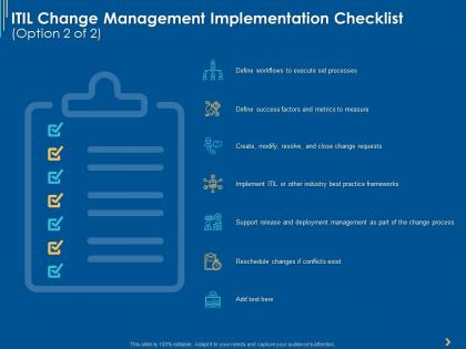 Itil change management implementation checklist ppt powerpoint presentation icon design ideas