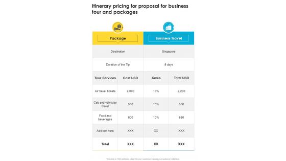 Itinerary Pricing For Proposal For Business Tour And Packages One Pager Sample Example Document