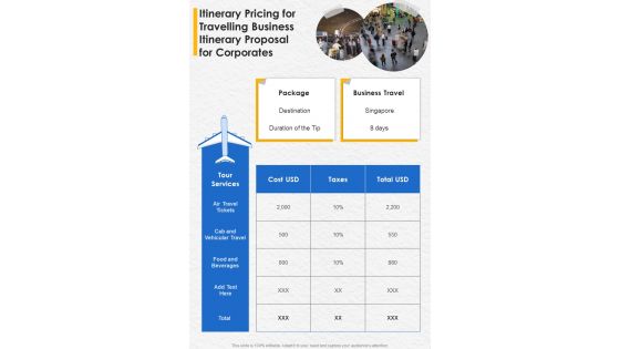 Itinerary Pricing For Travelling Business Itinerary Proposal Corporates One Pager Sample Example Document