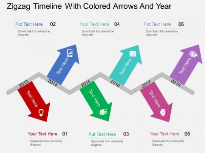 Iy zigzag timeline with colored arrows and year flat powerpoint design