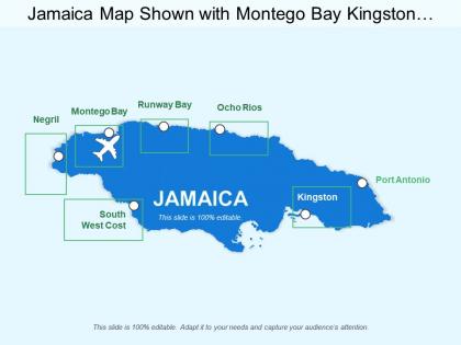 Jamaica map shown with montego bay kingston southwest coast
