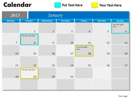 January 2013 calendar powerpoint slides ppt templates